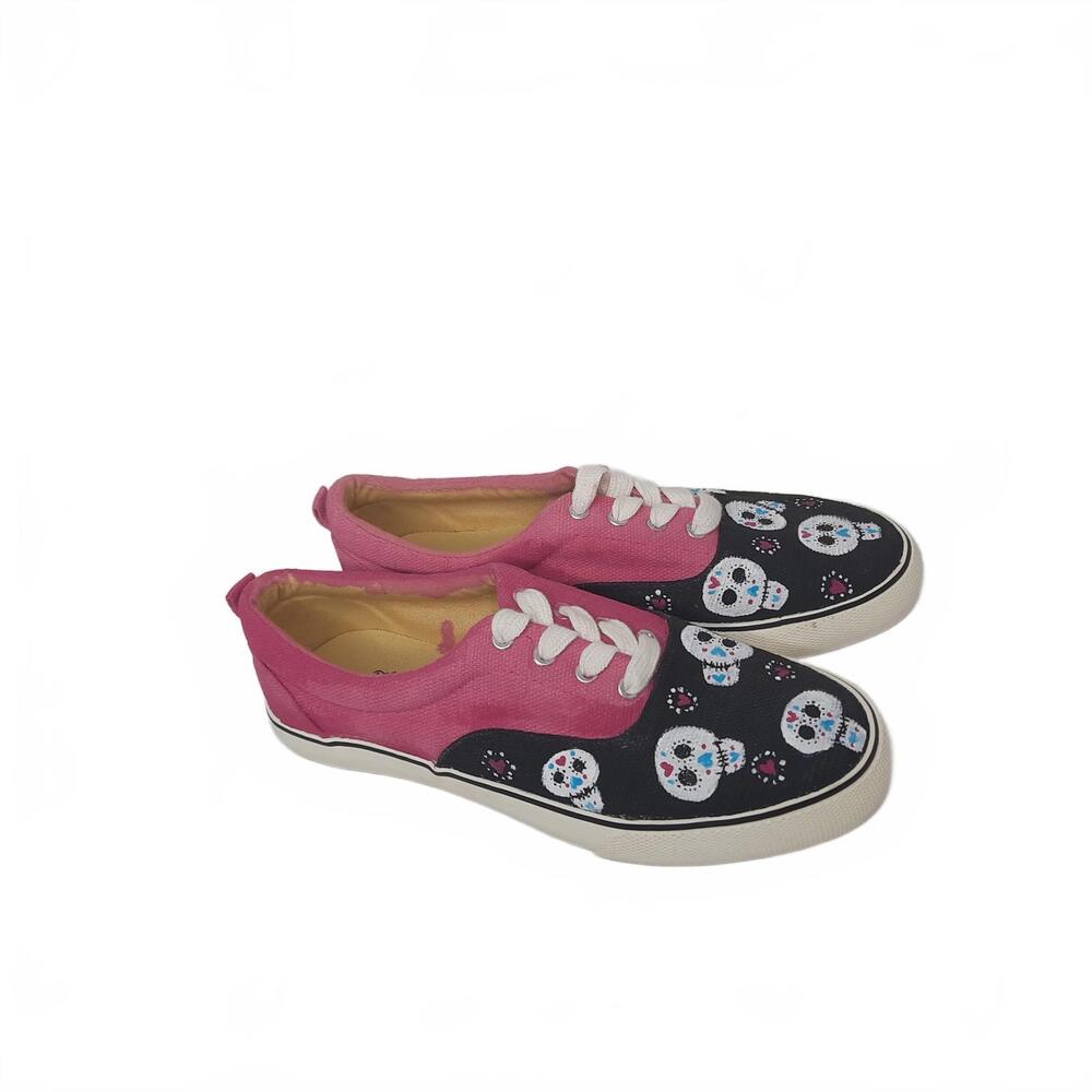 Sugar Skull Pink and‎ Black Canvas Sneakers Size 6